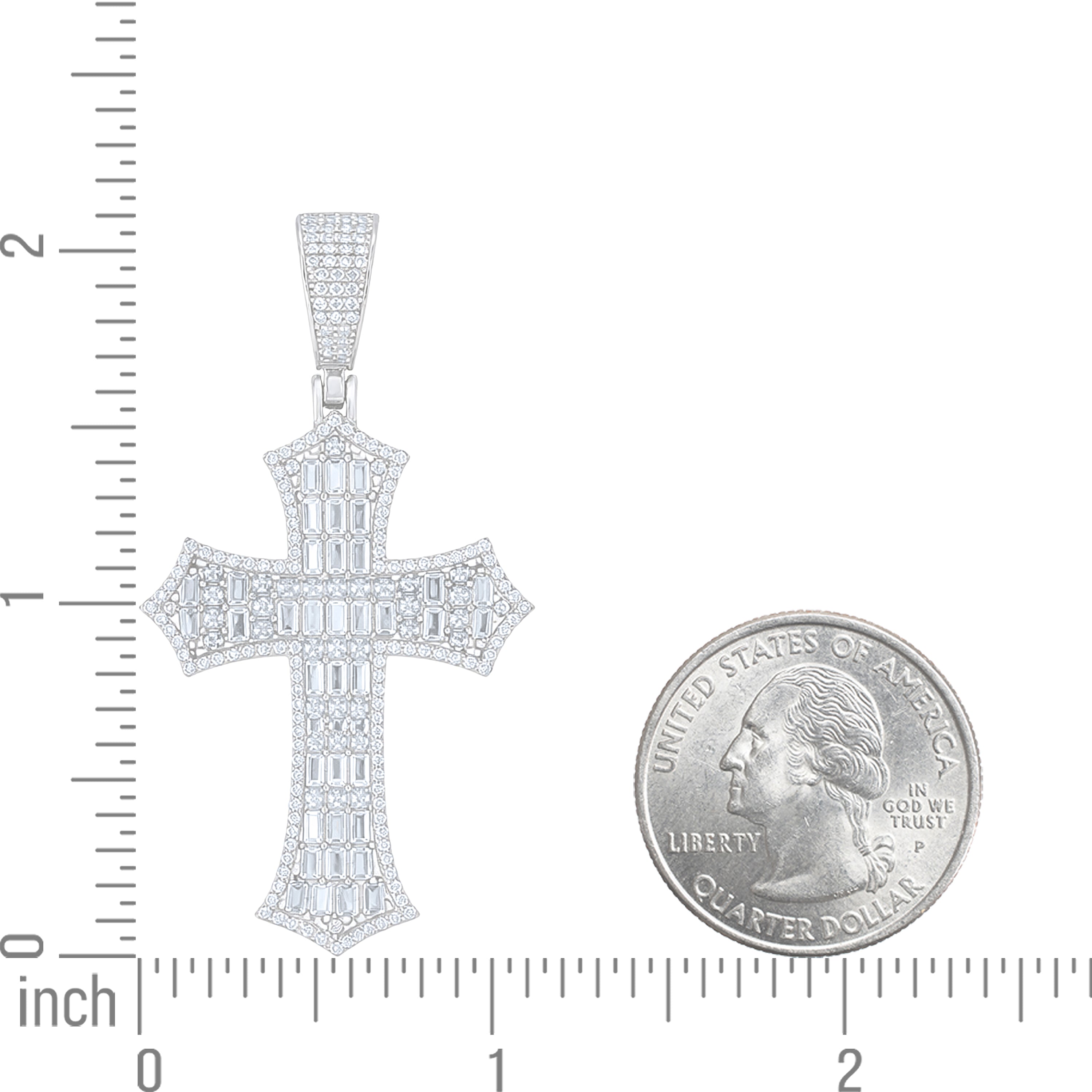 925 Sterling Silver Unisex Round Baguette Cubic-Zirconia Cross Religious Charm Pendant