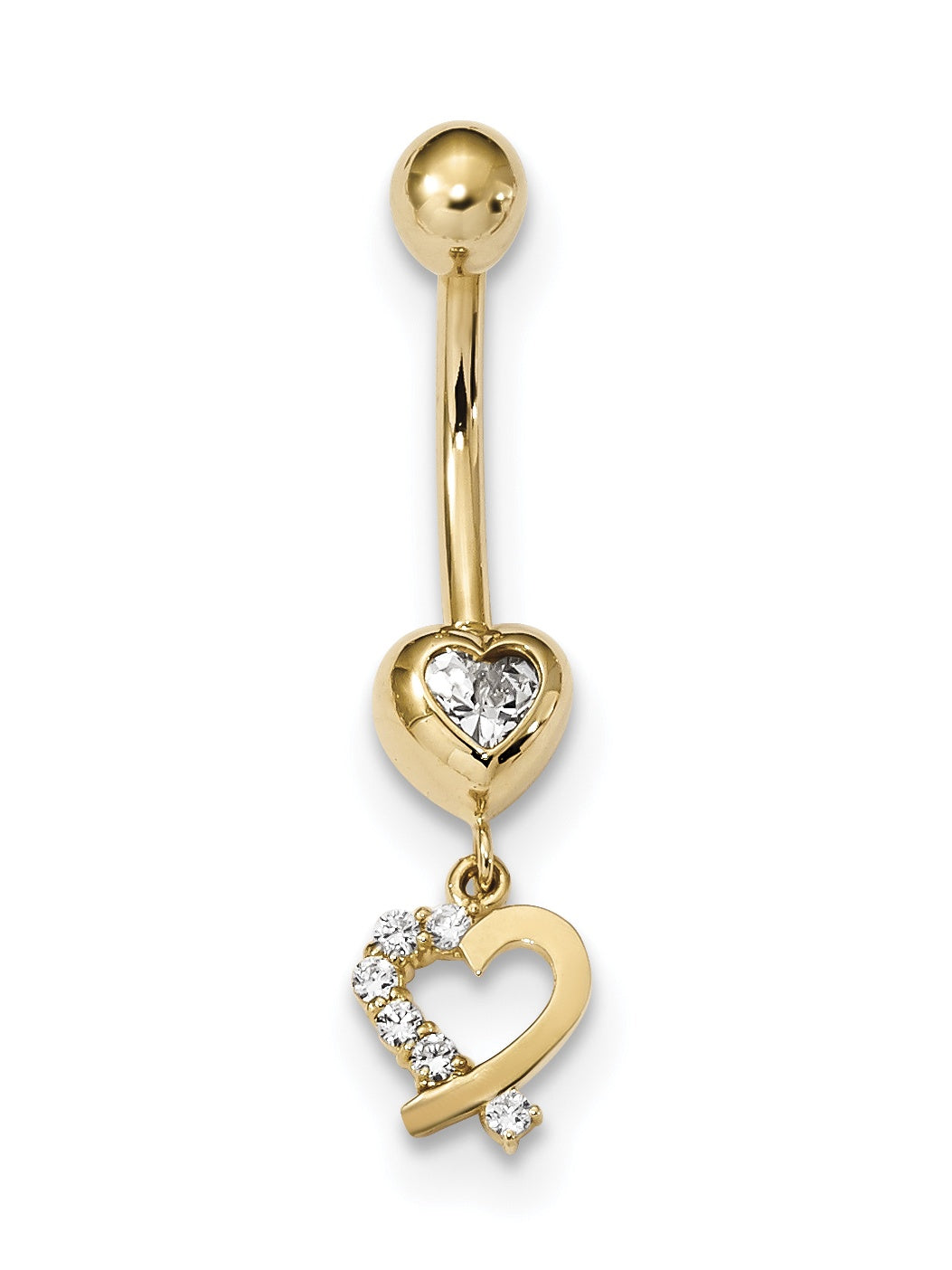 14K 14 Gauge Cz 2-Hearts Dangle Belly Ring