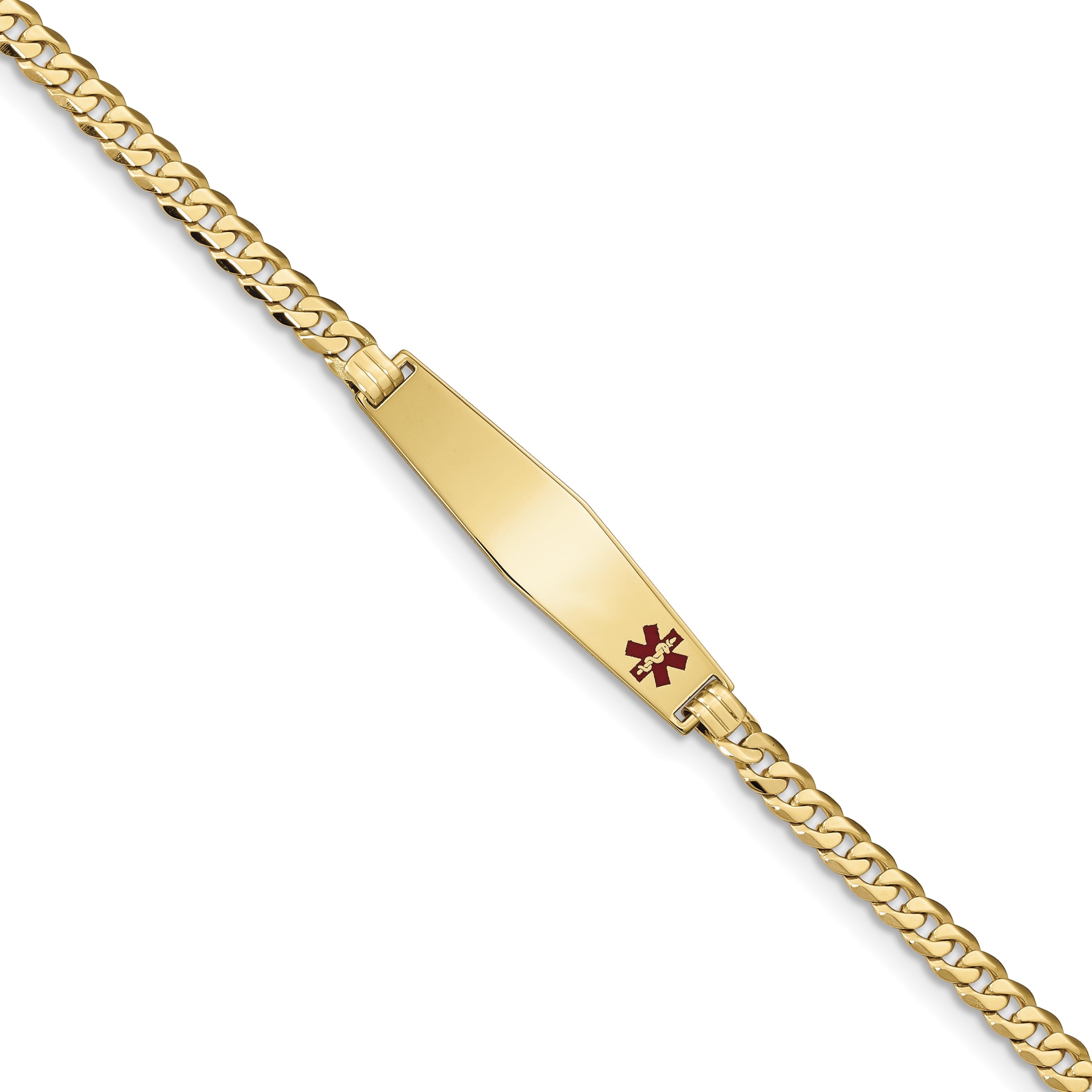 14K Medical Soft Diamond Shape Red Enamel Flat Curb Link Id Bracelet