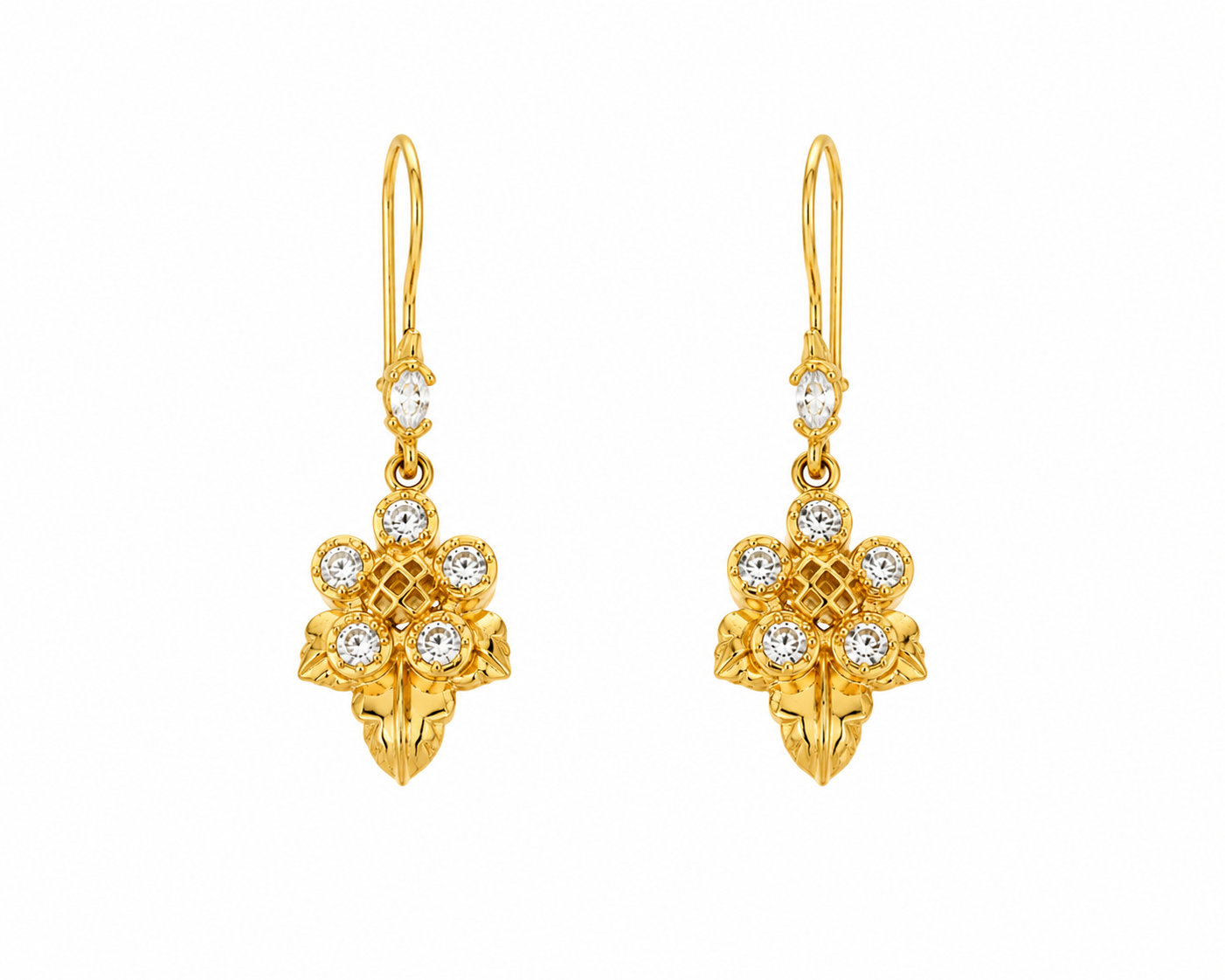 22KT Leaf Cubic Zirconium Yellow Gold Earrings [A5B4]