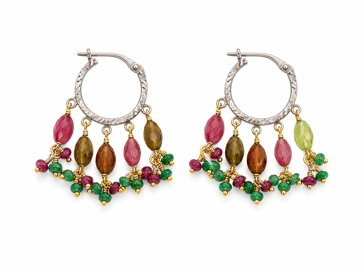 22KT Two Tone Gold Hoop Earrings With Gem Stone Charms [A5B8]