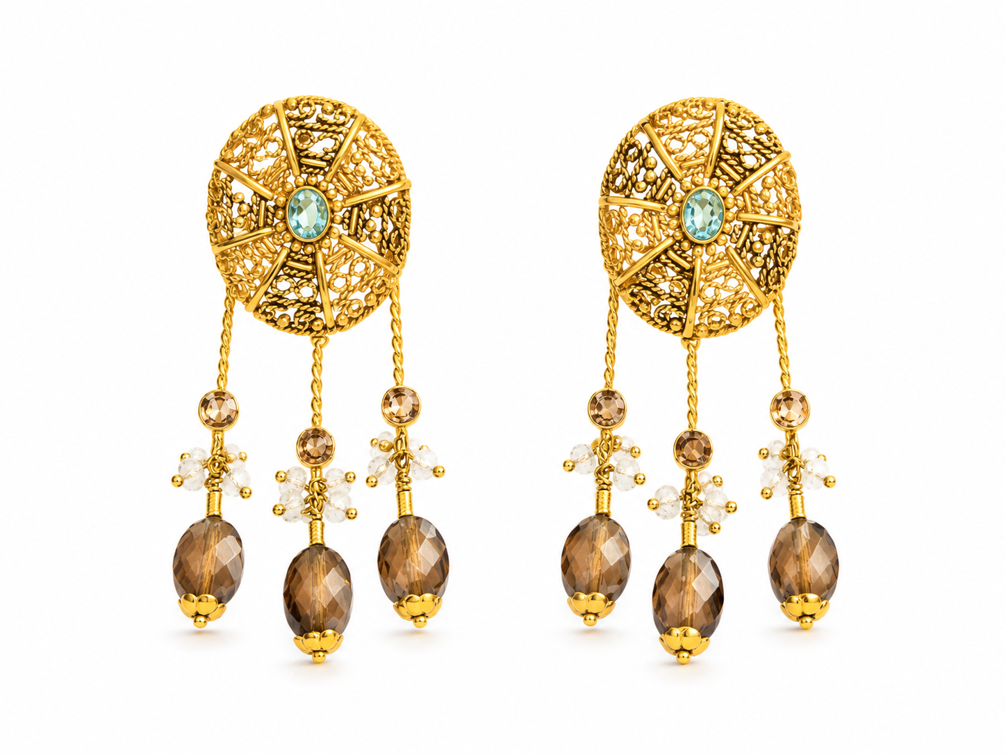 22KT Circle Tassel Gemstone Yellow Gold Earrings [A12B5]