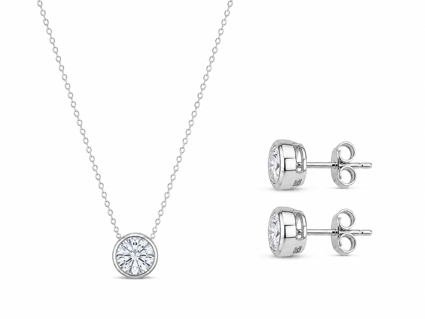 925 Sterling Silver Cubic Zirconium Lobster Lock Push Back Round Stone Necklace and Ring Set