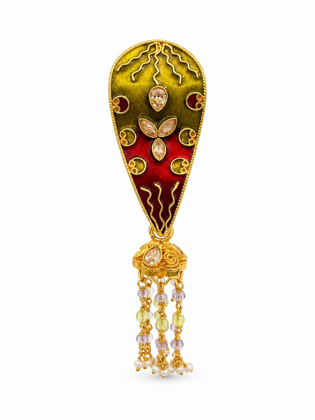 22KT Solid Yellow Gold Cubic Zirconium Red And Green Enamel Tassel Pendant [A11B2]