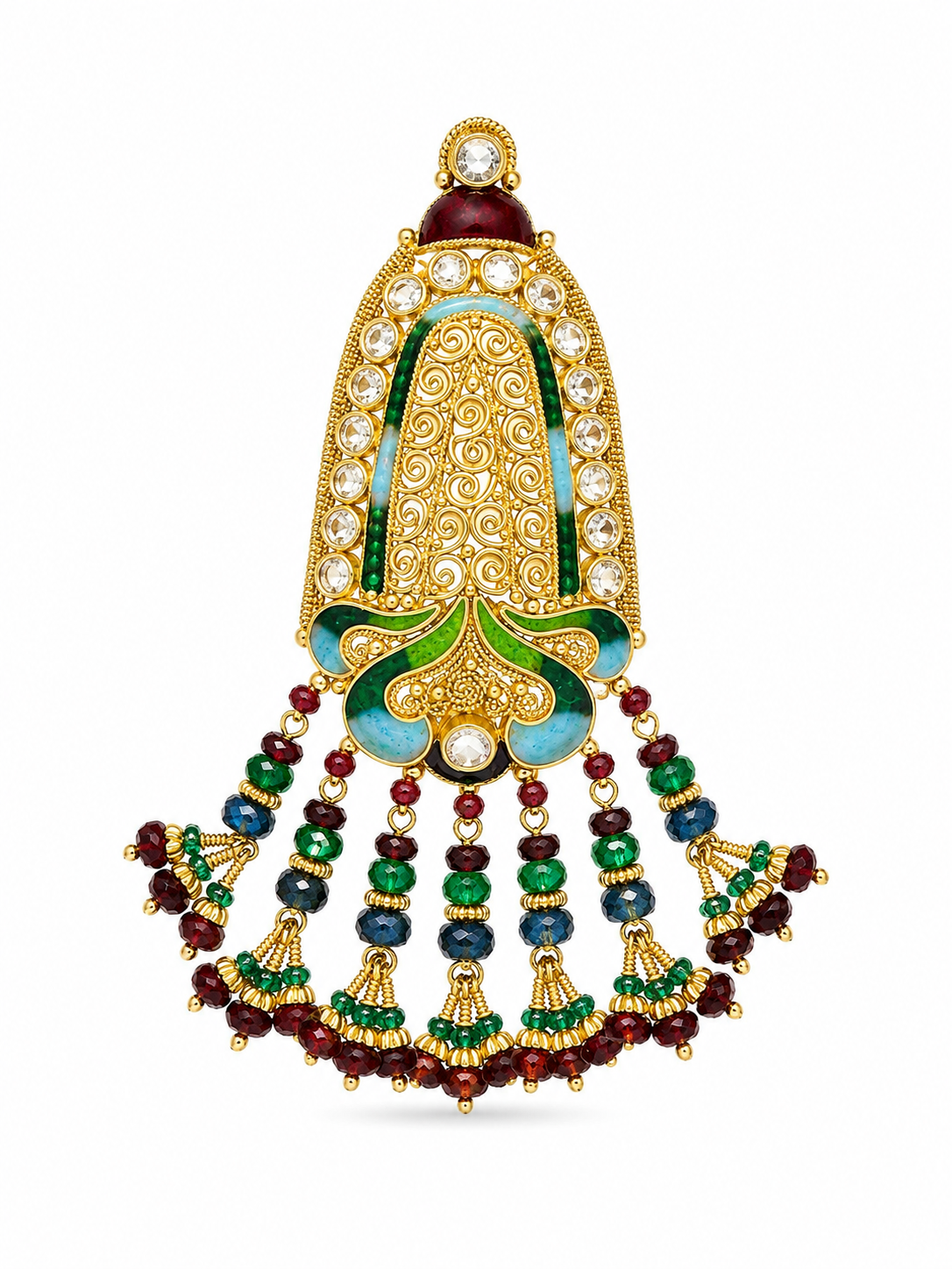 22KT Solid Yellow Gold Cubic Zirconium Blue, Red And Green Enamel Dangle Pendant [A17B0]