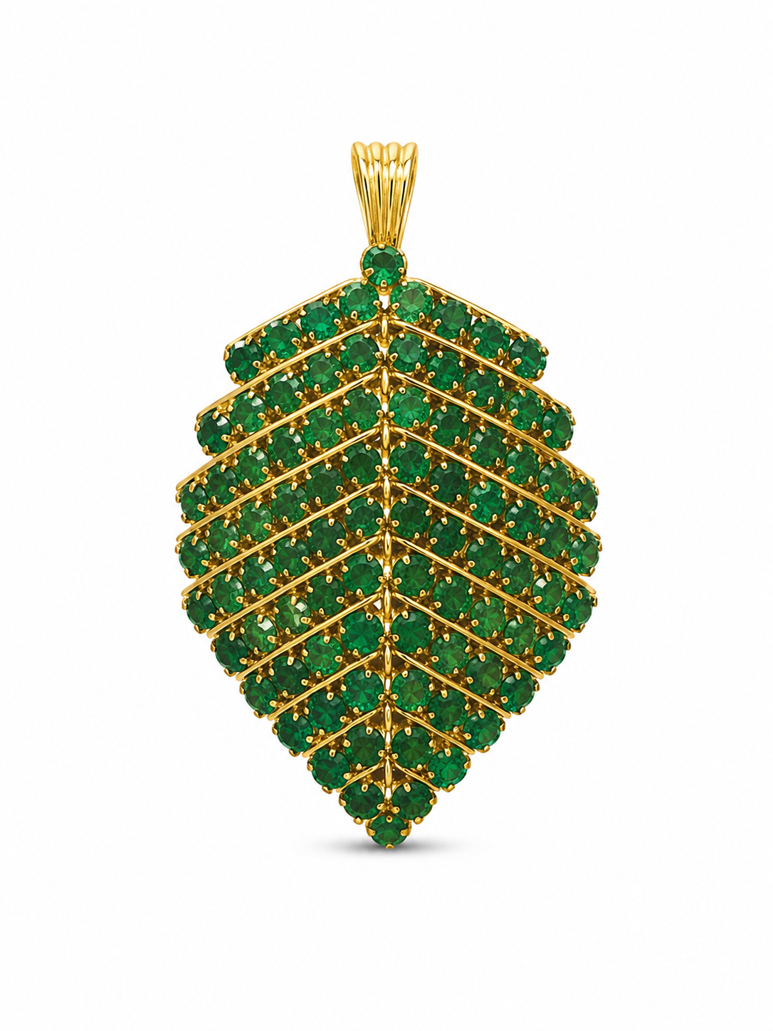 22KT Solid Yellow Gold Green Cubic Zirconium Leaf Pendant [A5B8]