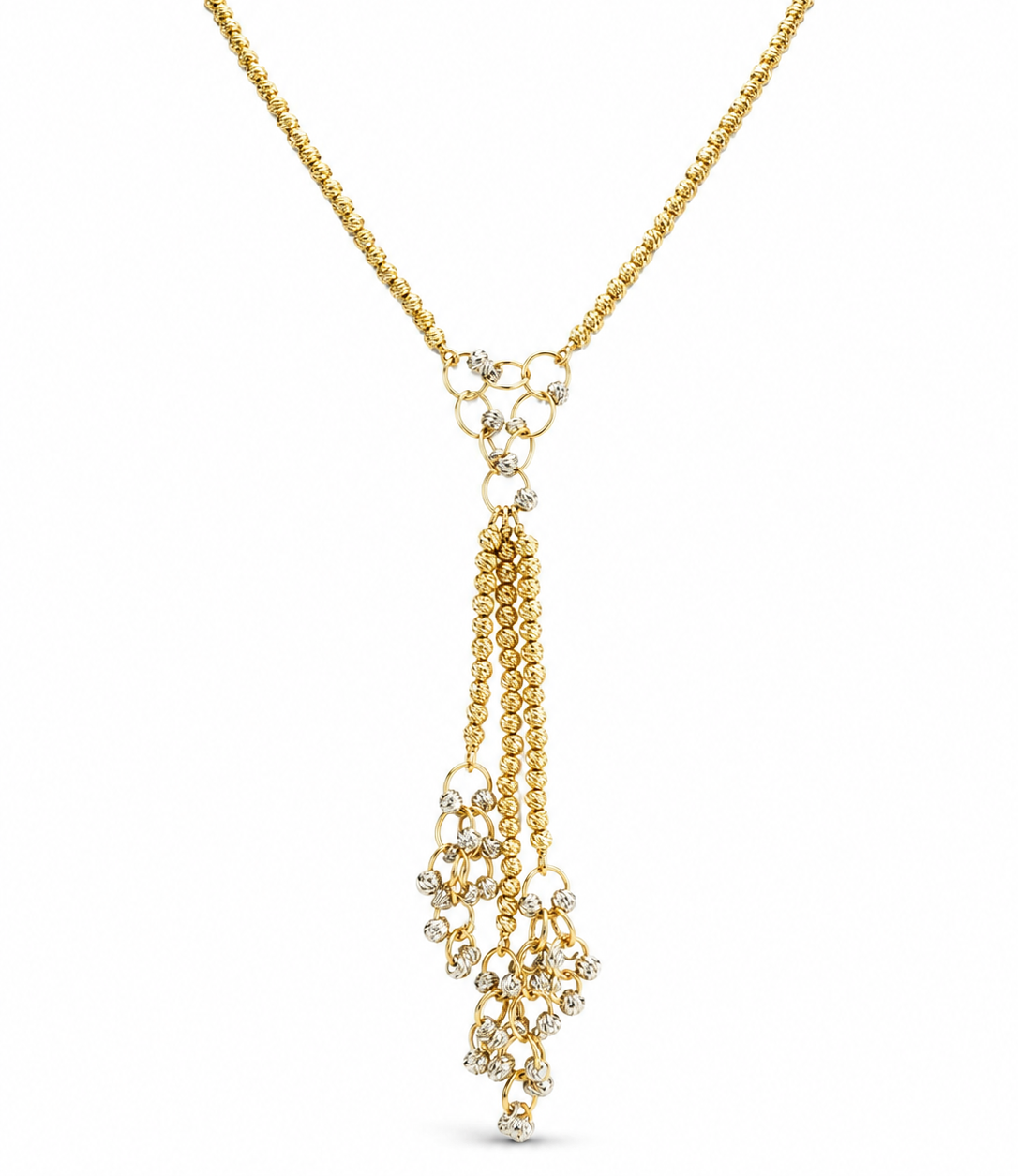 14KT Solid Two-Tone Gold Ladies Beads Dangle Necklace [A16B9]