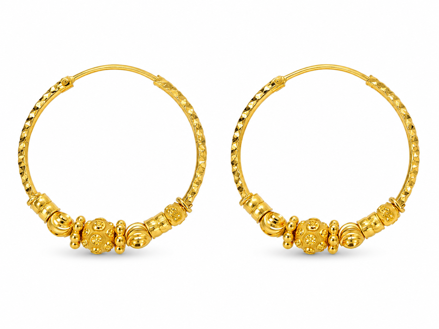 22KT Solid Yellow Gold Beaded Bali 1 Inch Hoops [A4B6]