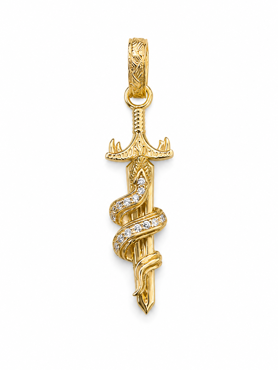 14KT Yellow Gold Cubic Zirconium Snake And Sword Pendant [A3B5]