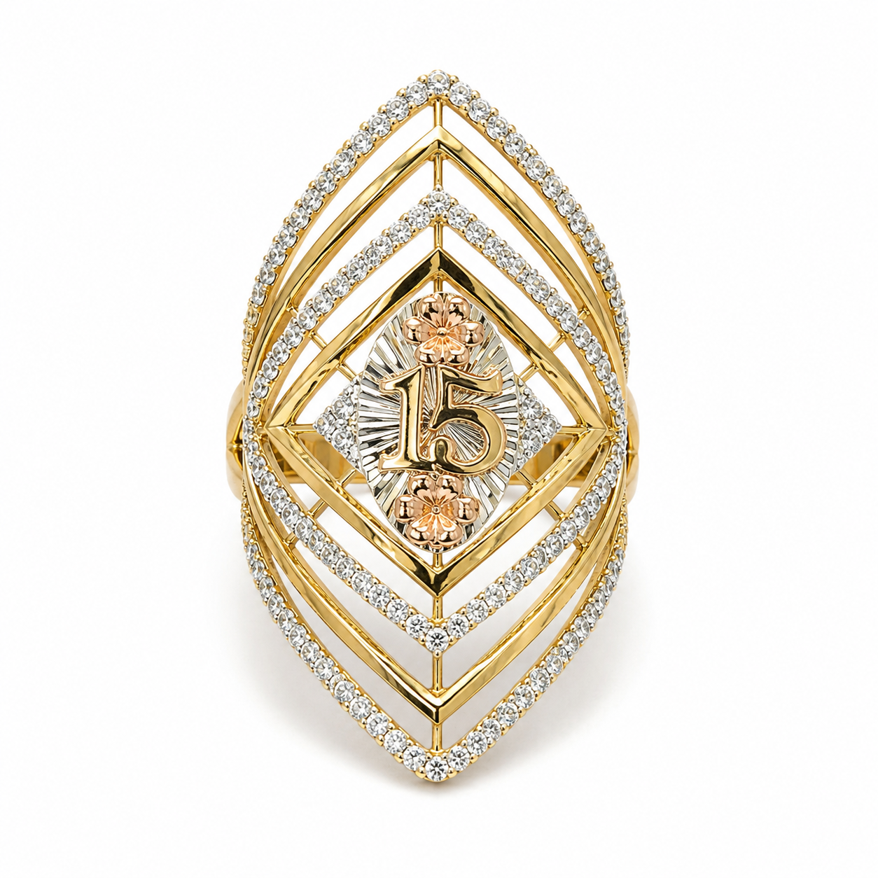 14KT Tri-Tone Cubic Zirconium Gold Fancy Quinceanera Ladies Ring [A5B5]