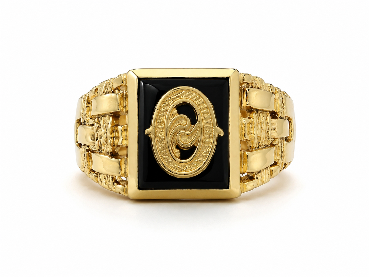 10KT Yellow Gold Weaved Basket Initial O Men's Ring [A4B9]
