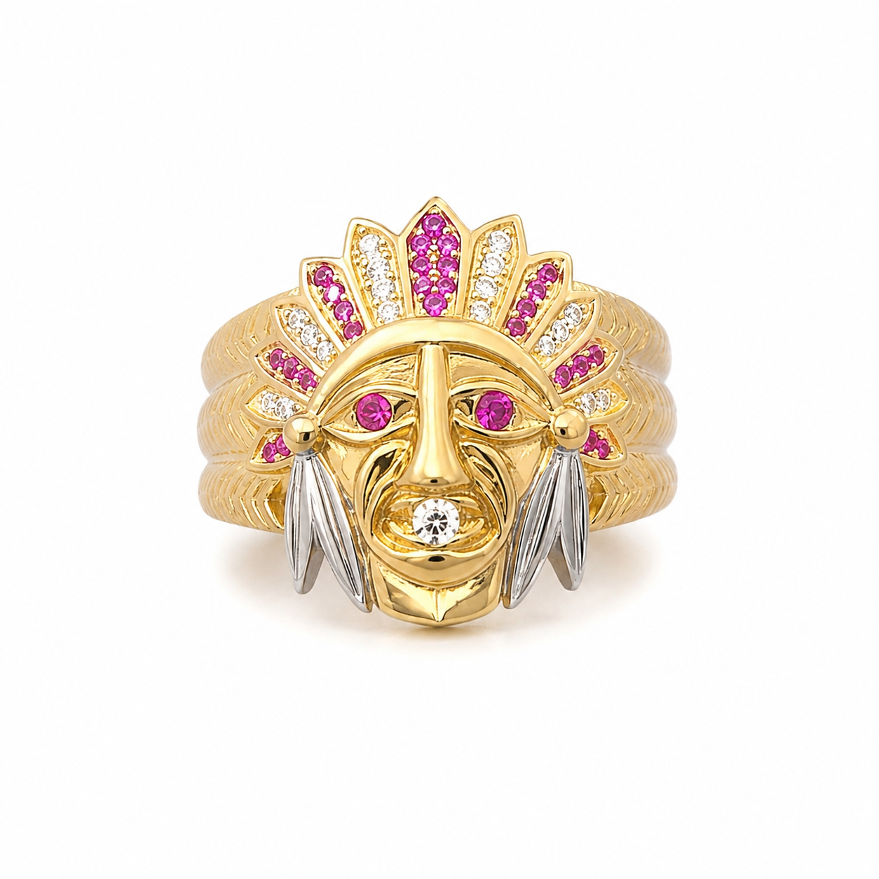 14KT Two-Tone Gold Cubic Zirconium Chief Men's Ring [A8B8]