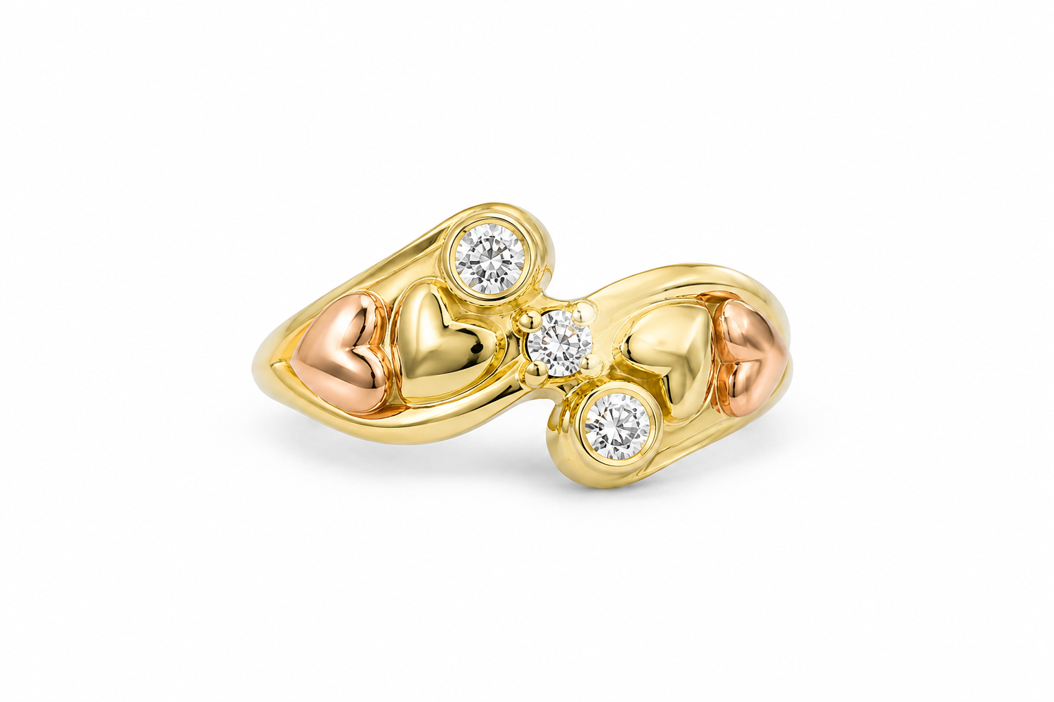 14KT Two-Tone Gold Cubic Zirconium Hearts Ring [A2B1]