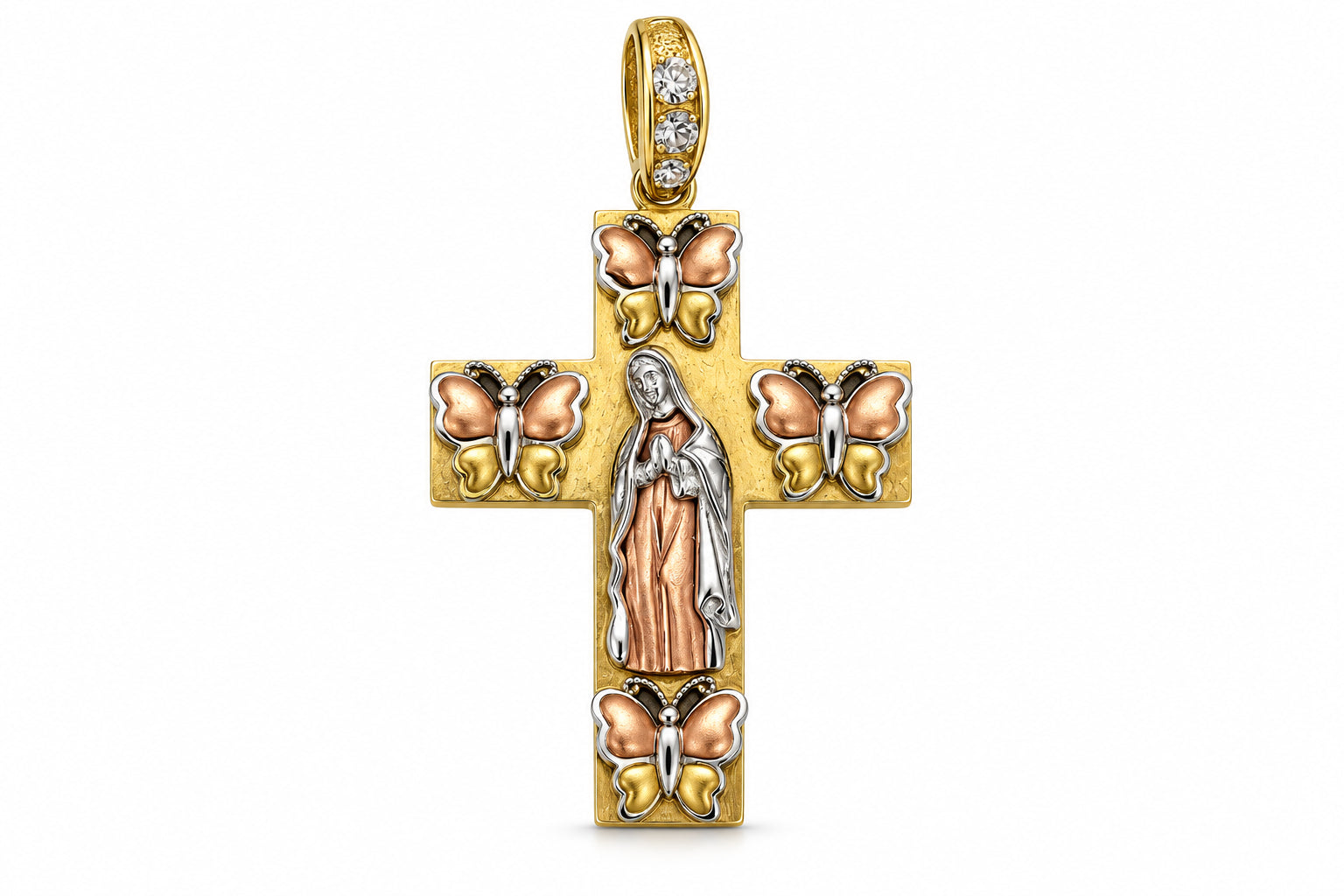 14KT Tri-Tone Gold CZ Virgin Mary Butterfly Cross Pendant [A13B4]