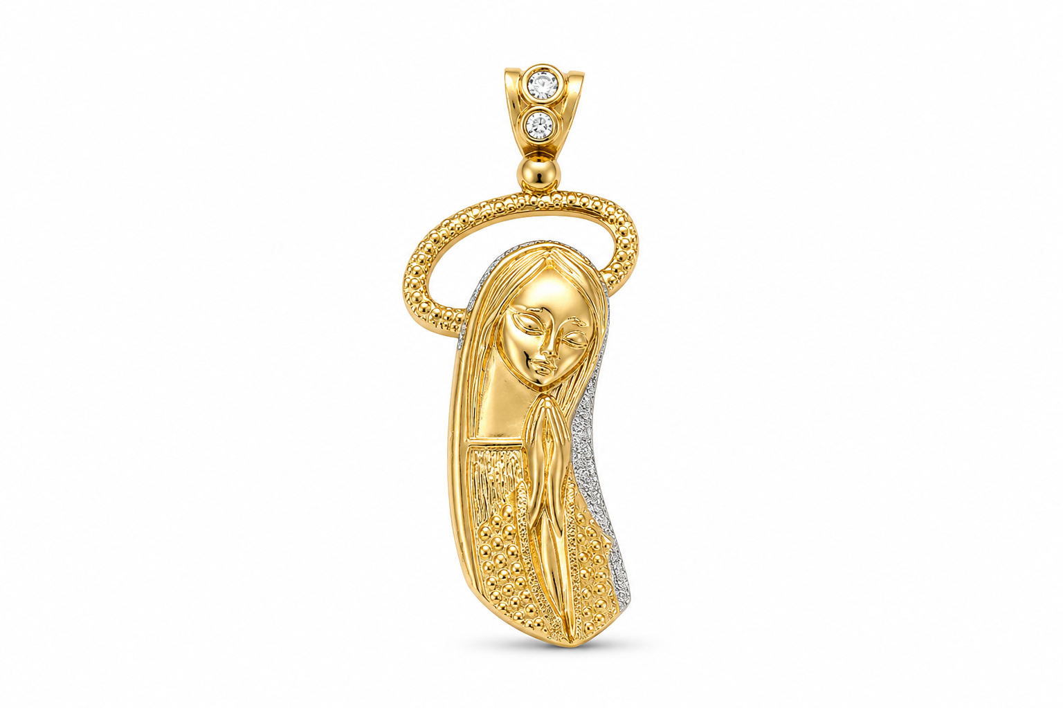 10KT Two-Tone Gold Cubic Zirconium Virgin Mary Pendant [A6B7]