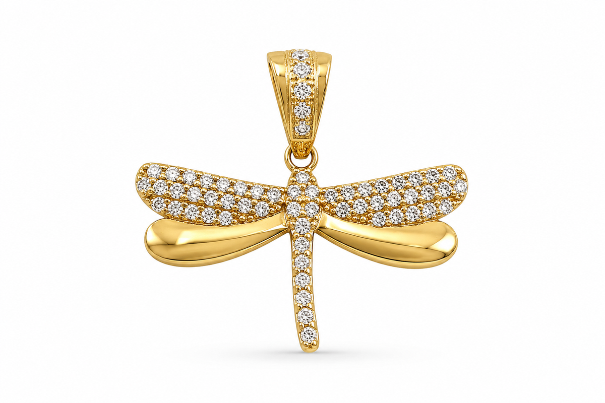 14KT Yellow Gold Cubic Zirconium Dragonfly Pendant [A1B8]