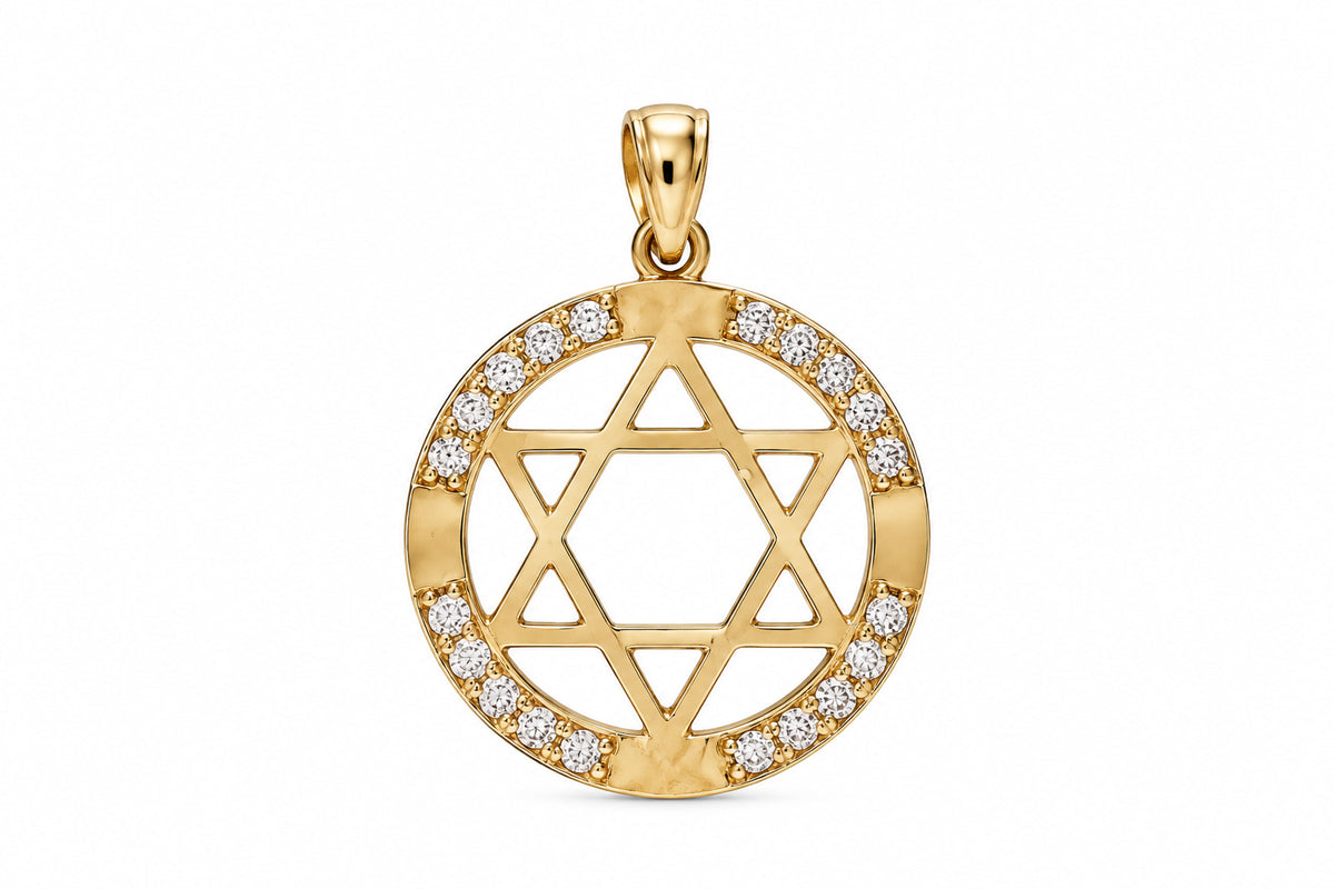 10KT Yellow Gold Cubic Zirconium Star Of David Pendant [A1B4]