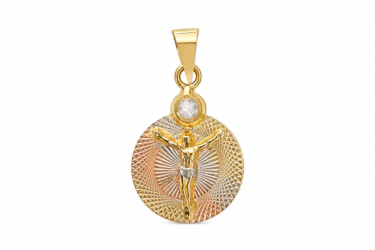 14KT Tri-Tone Gold Cubic Zirconium Round Crucifix Pendant [A1B0]