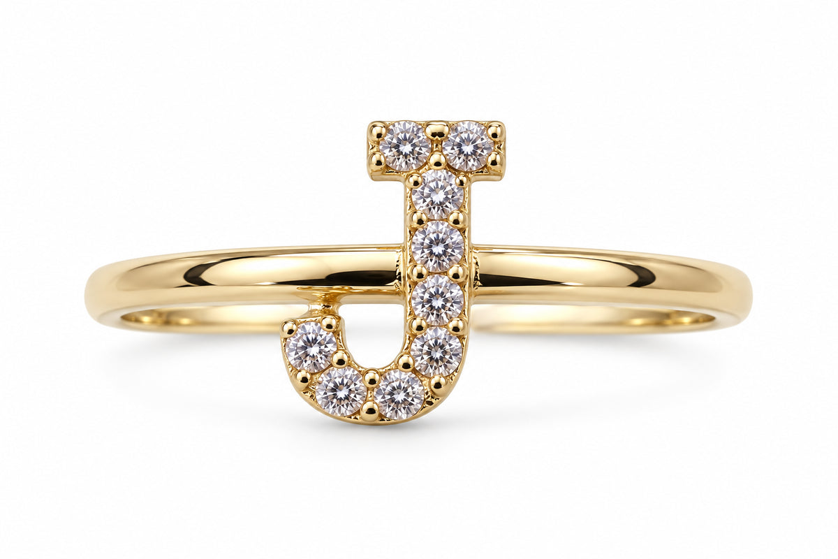 14KT Yellow Gold Cubic Zirconium Initial J Ring  [A1B3]