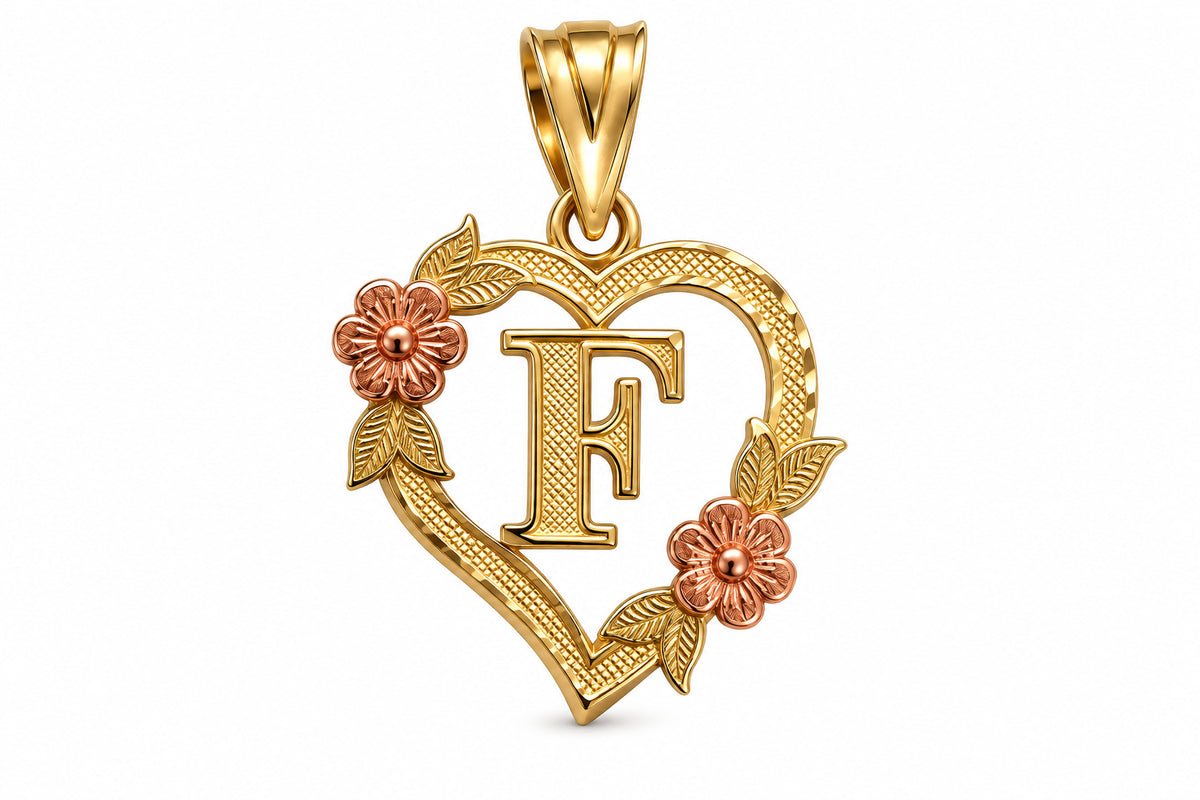 10KT Two-Tone Gold Heart Initial Floral Pendant [JL]