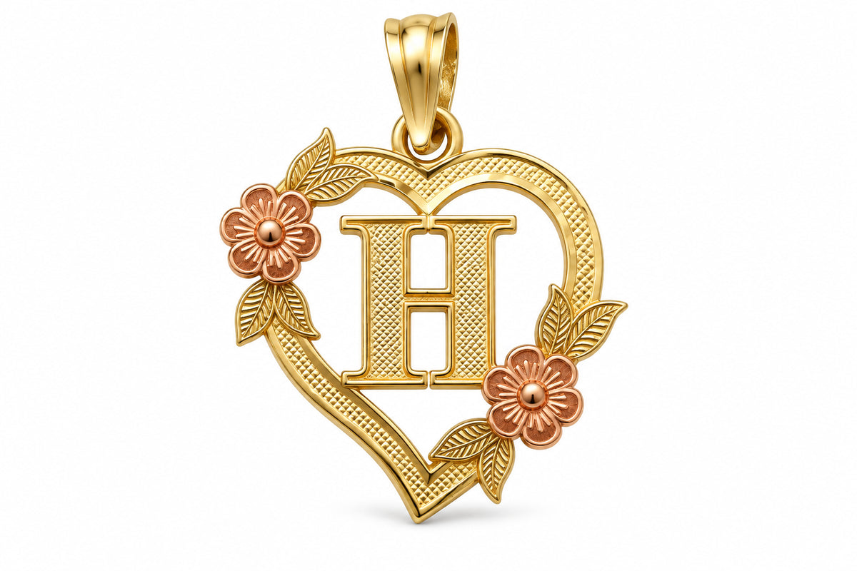 10KT Two-Tone Gold Heart Initial Floral Pendant [FM]