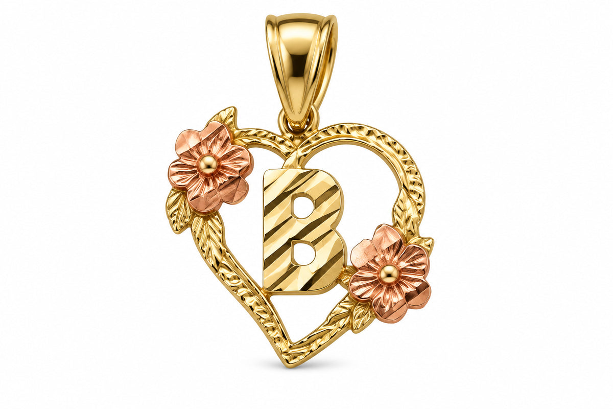 10KT Two-Tone Gold Heart Initial Floral Pendant