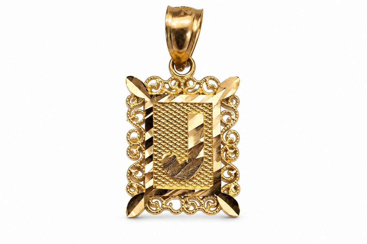 10KT Two-Tone Gold Square Ornate Filigree Initial Pendant