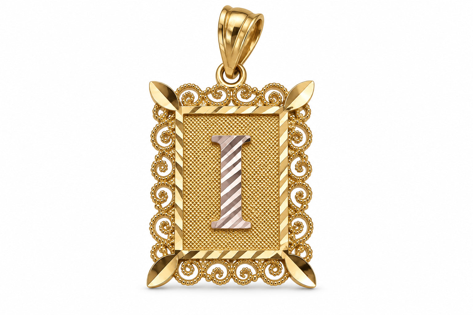 10KT Two-Tone Gold Rectangle Ornate Filigree Initial Pendant