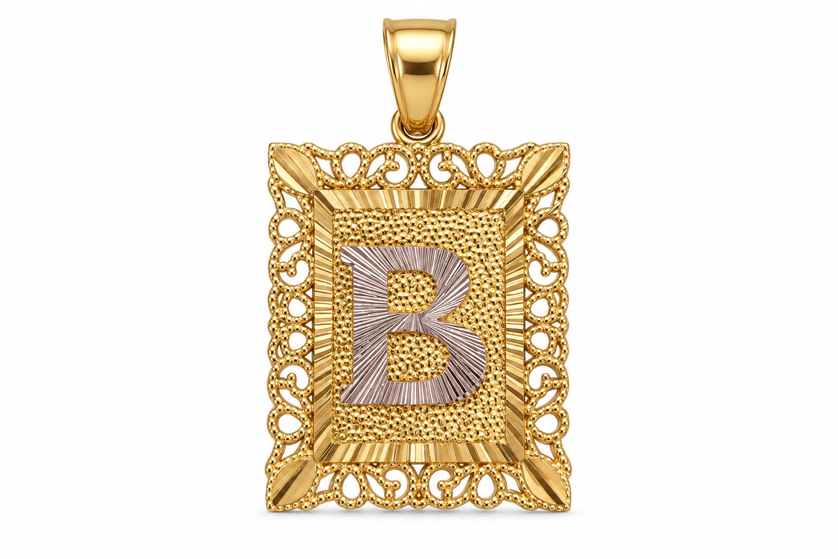 10KT Yellow Gold Rectangle Filigree Initial Pendant