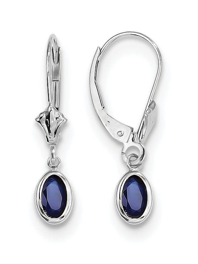 14K White Gold 6X4 Oval Bezel September/Sapphire Leverback Earrings