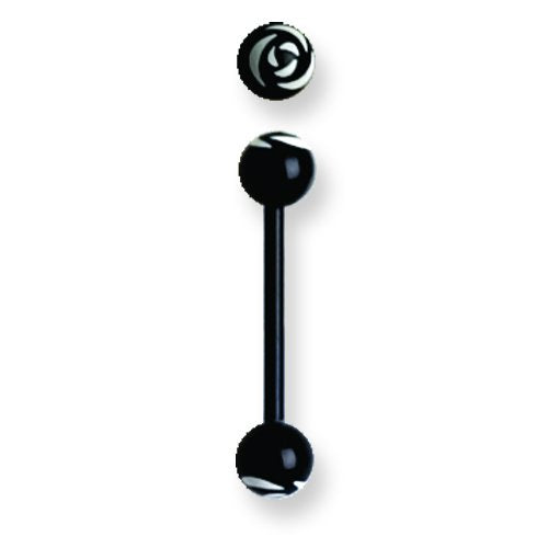 Acrylic 14G 5/8 In. Lg Rose Design White On Black Barbell