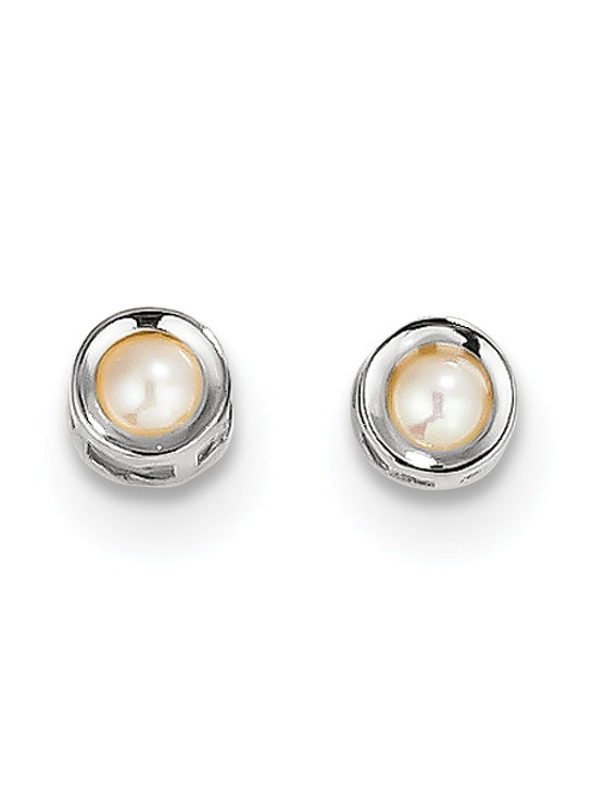 14K White Gold 4Mm Bezel June/Fw Cultured Pearl Post Earrings