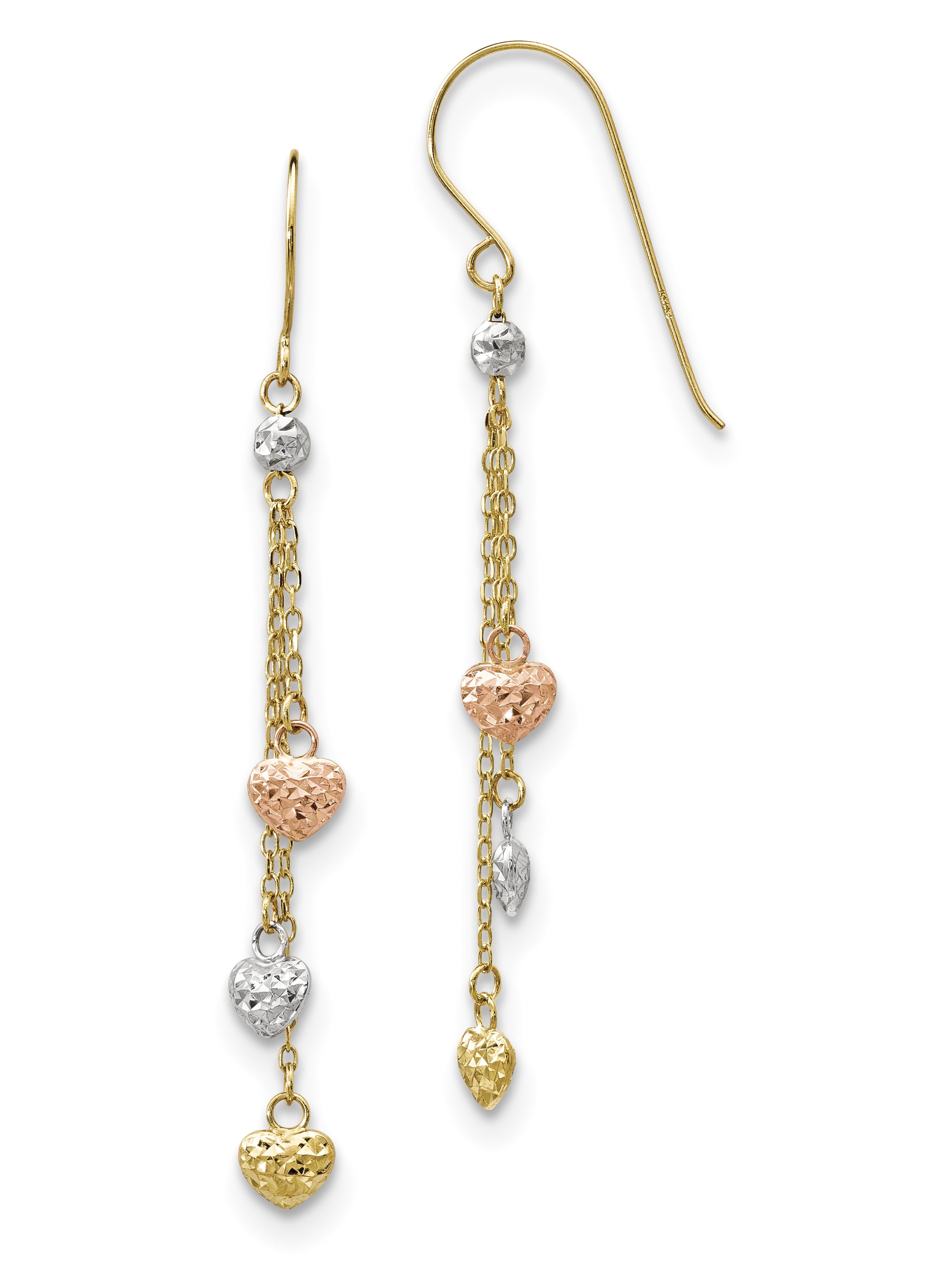 14K Tri-Color D/C Triple Heart Dangle Shepherd Hook Earrings
