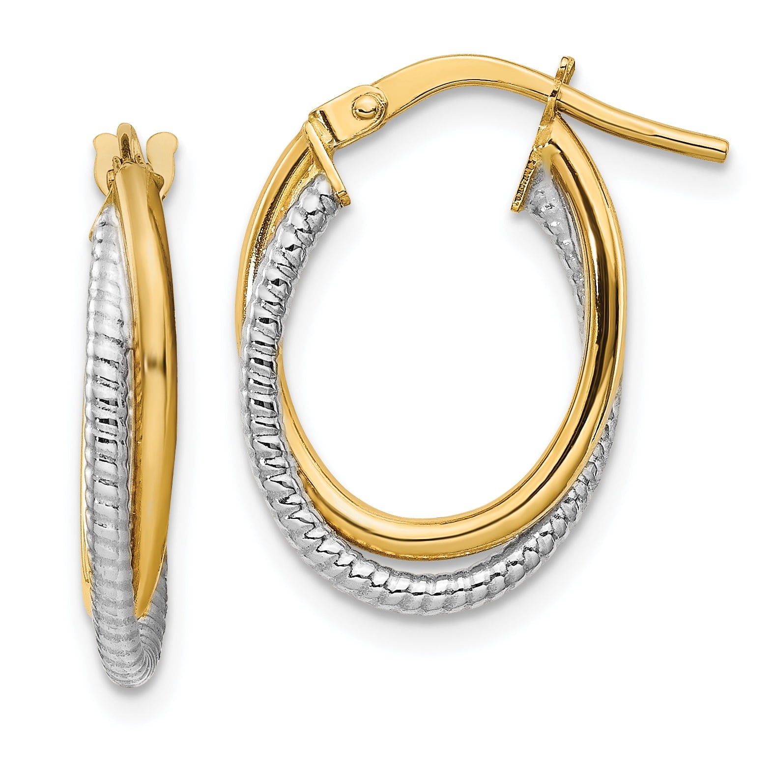 14K Two-Tone Polished Textured Double Oval Hoops