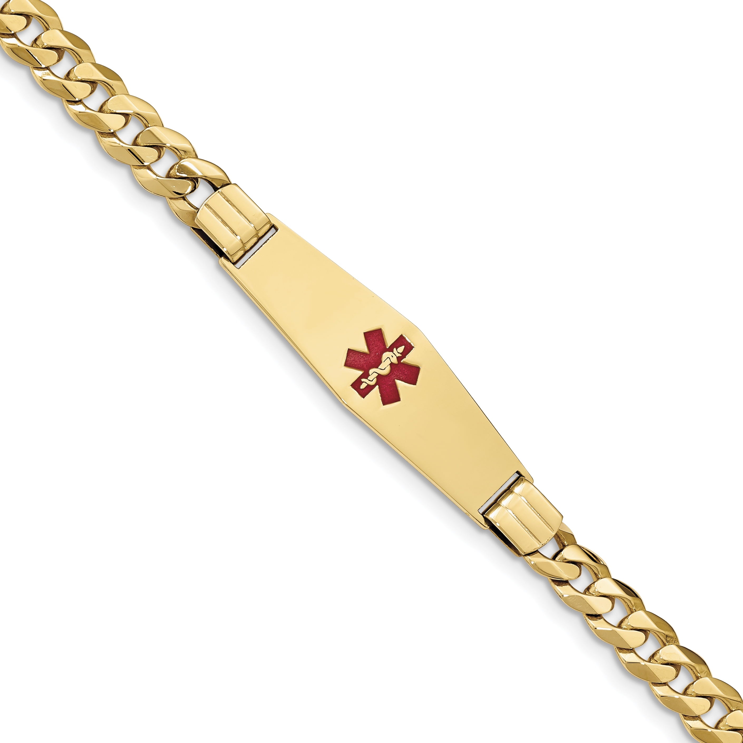 14K Medical Soft Diamond Shape Red Enamel Flat Curb Link Id Bracelet