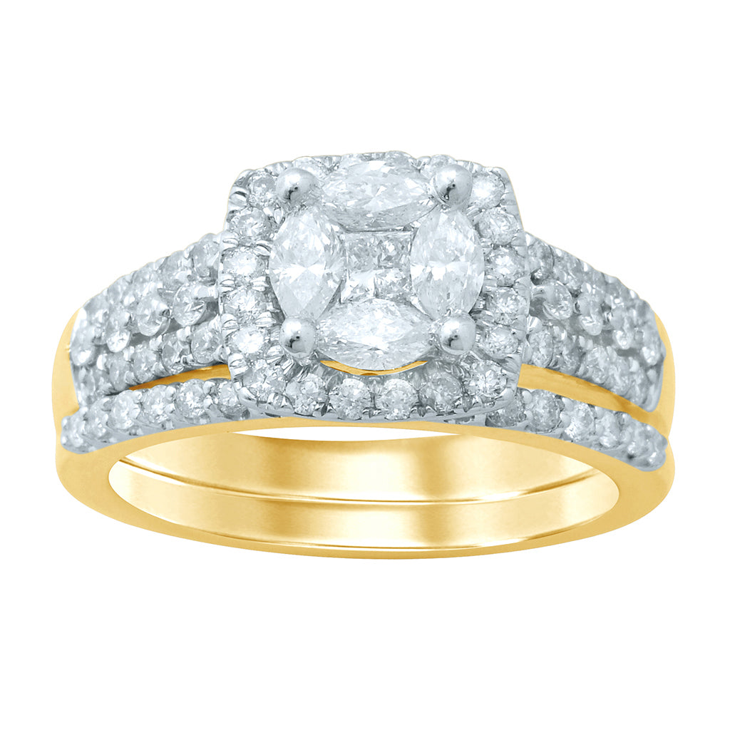 14K Yellow Yellow Gold Bridal Set With 1.21-1.27Ct Round And Princess Cut Diamonds