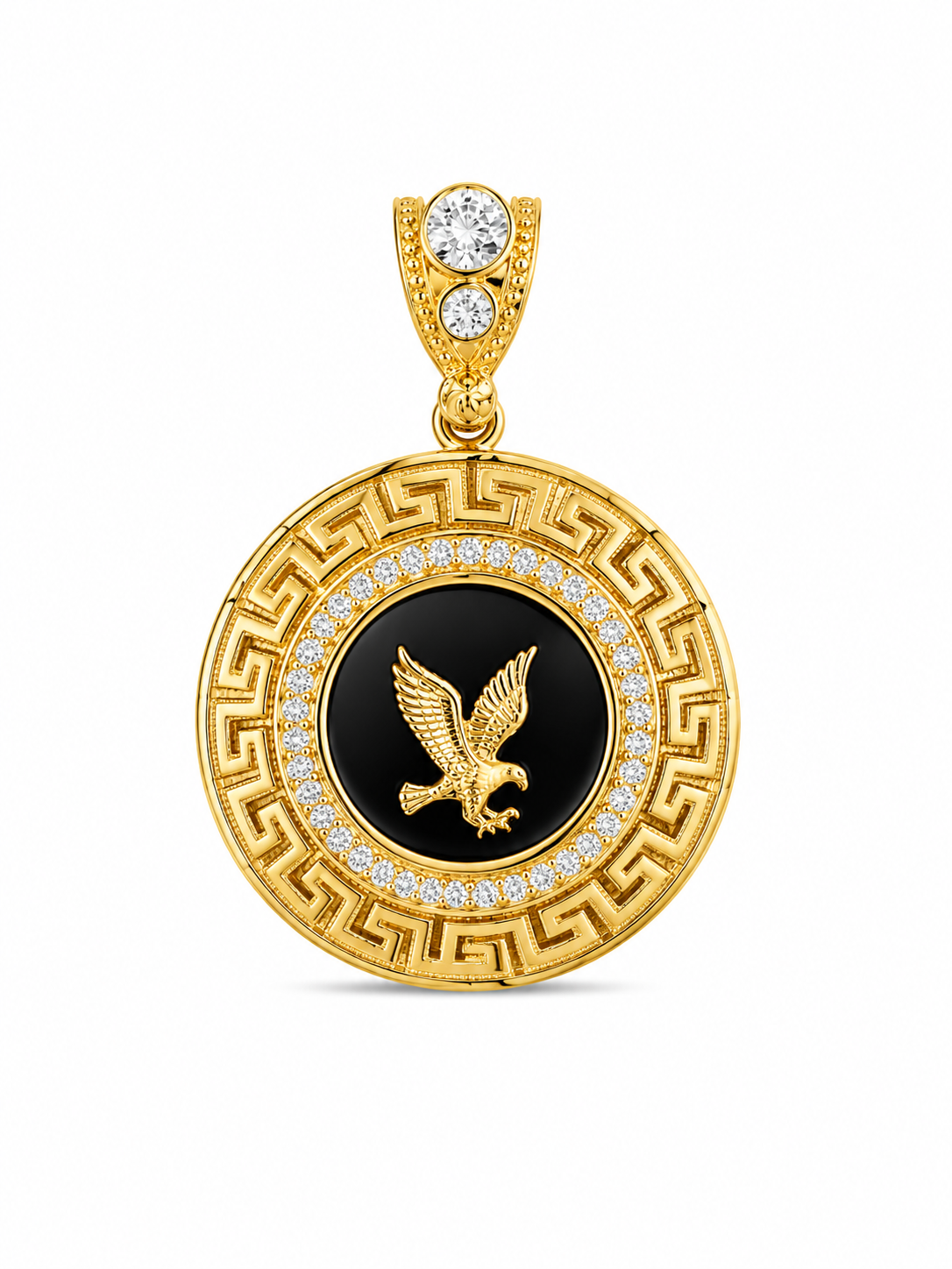10KT Yellow Gold Eagle Onyx & CZ Round Pendant [A9B8]