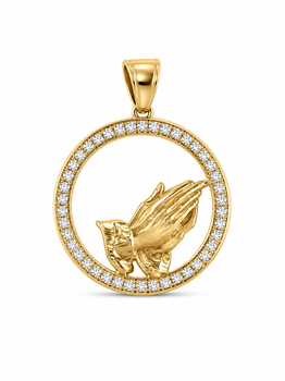 10KT Yellow Gold Round CZ Praying Hand Pendant [A7B0]