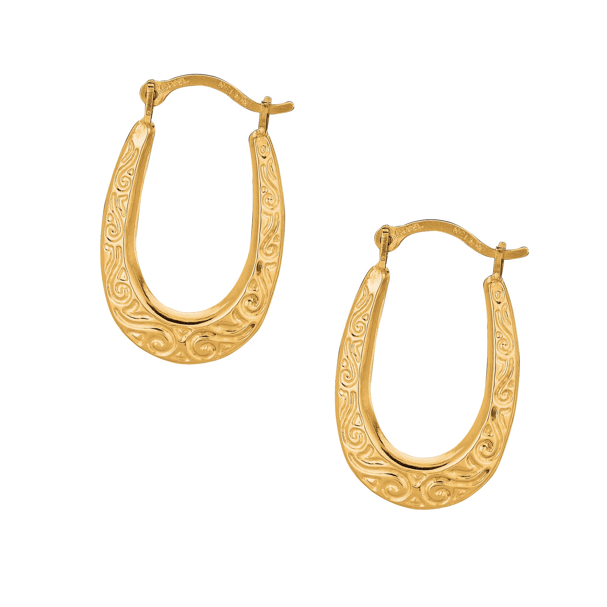 10K Yellow Gold Oval Scroll Pattern Hoop Earring
