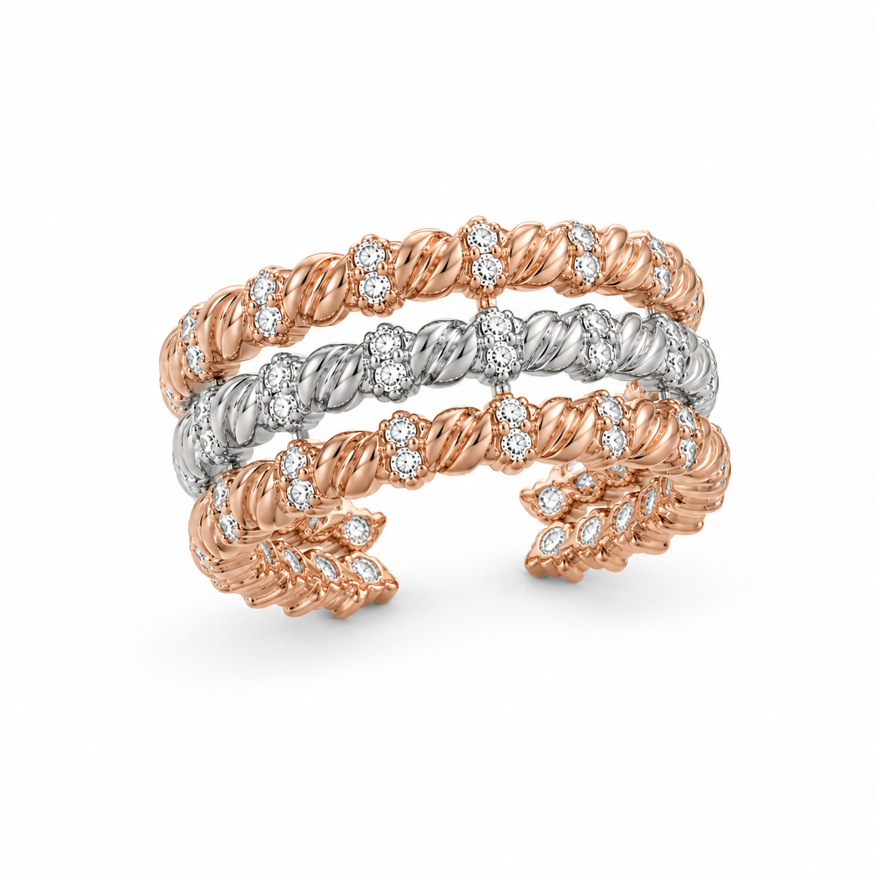14KT 3 Row Cubic Zirconium Yellow Gold Ring [A4B0]