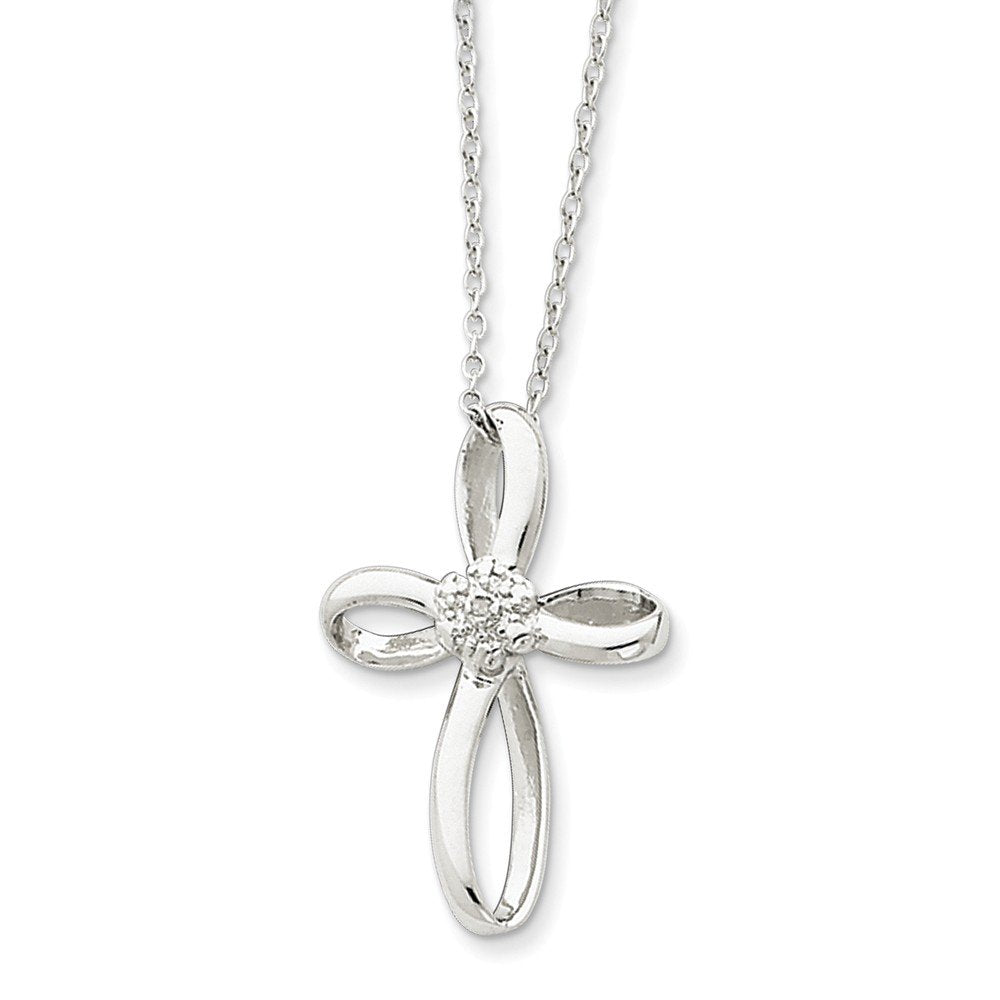 Sterling Silver Rhodium-Plated Cross Diamond Necklace Qg2058