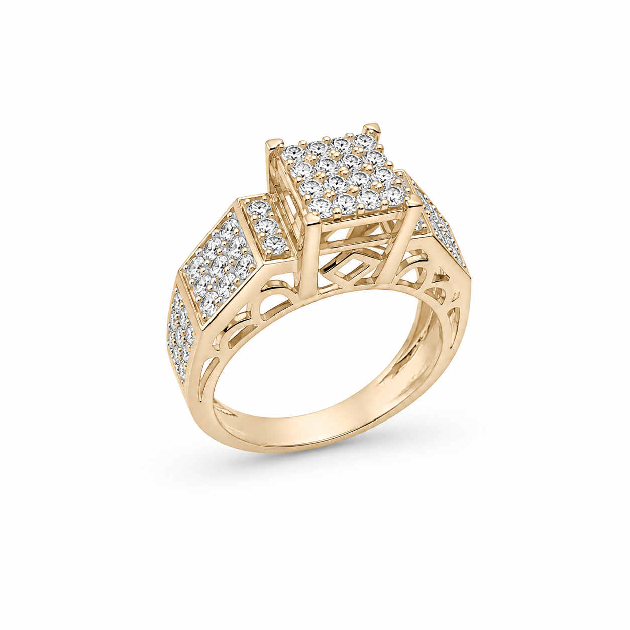 10KT 3 Row Band 4 x 4 Center Cubic Zirconium Yellow Gold Ring [A4B2]