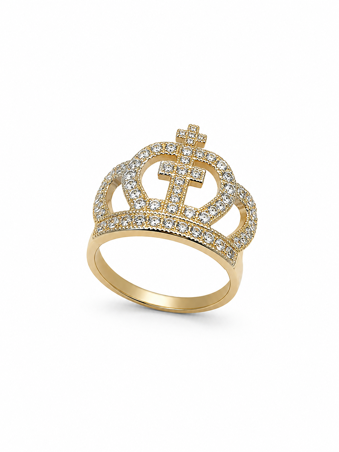 10KT Cross Crown Cubic Zirconium Yellow Gold Ring [A3B0]