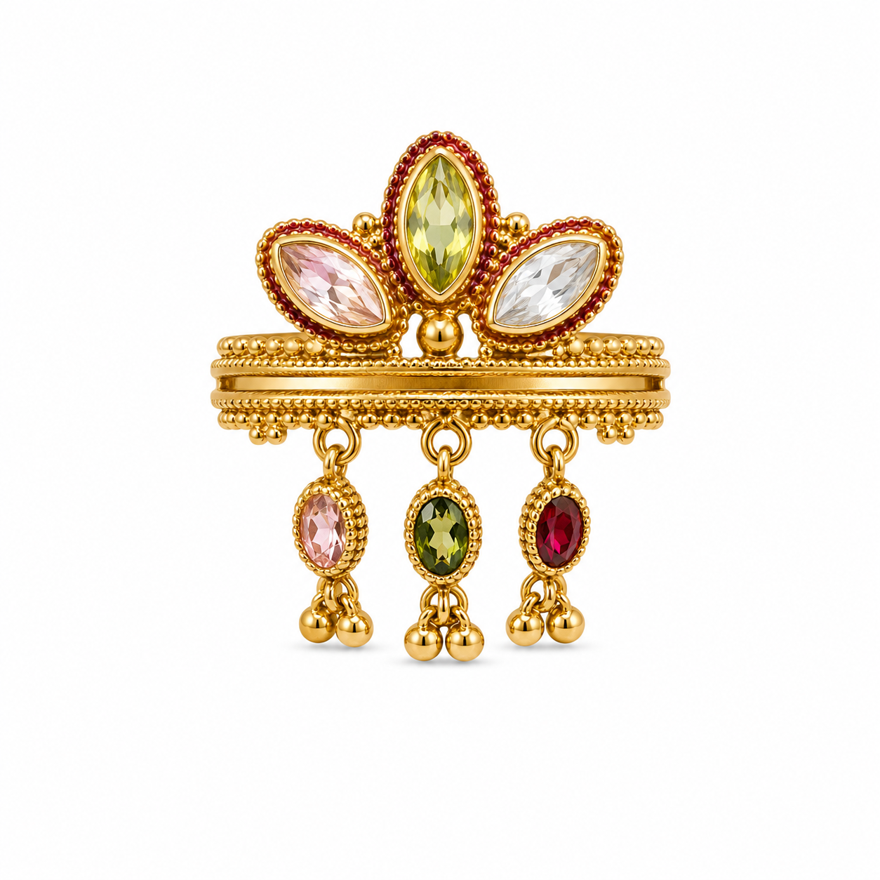 22KT Tiara Hanging Charm Cubic Zirconium Yellow Gold Ring [A5B1]
