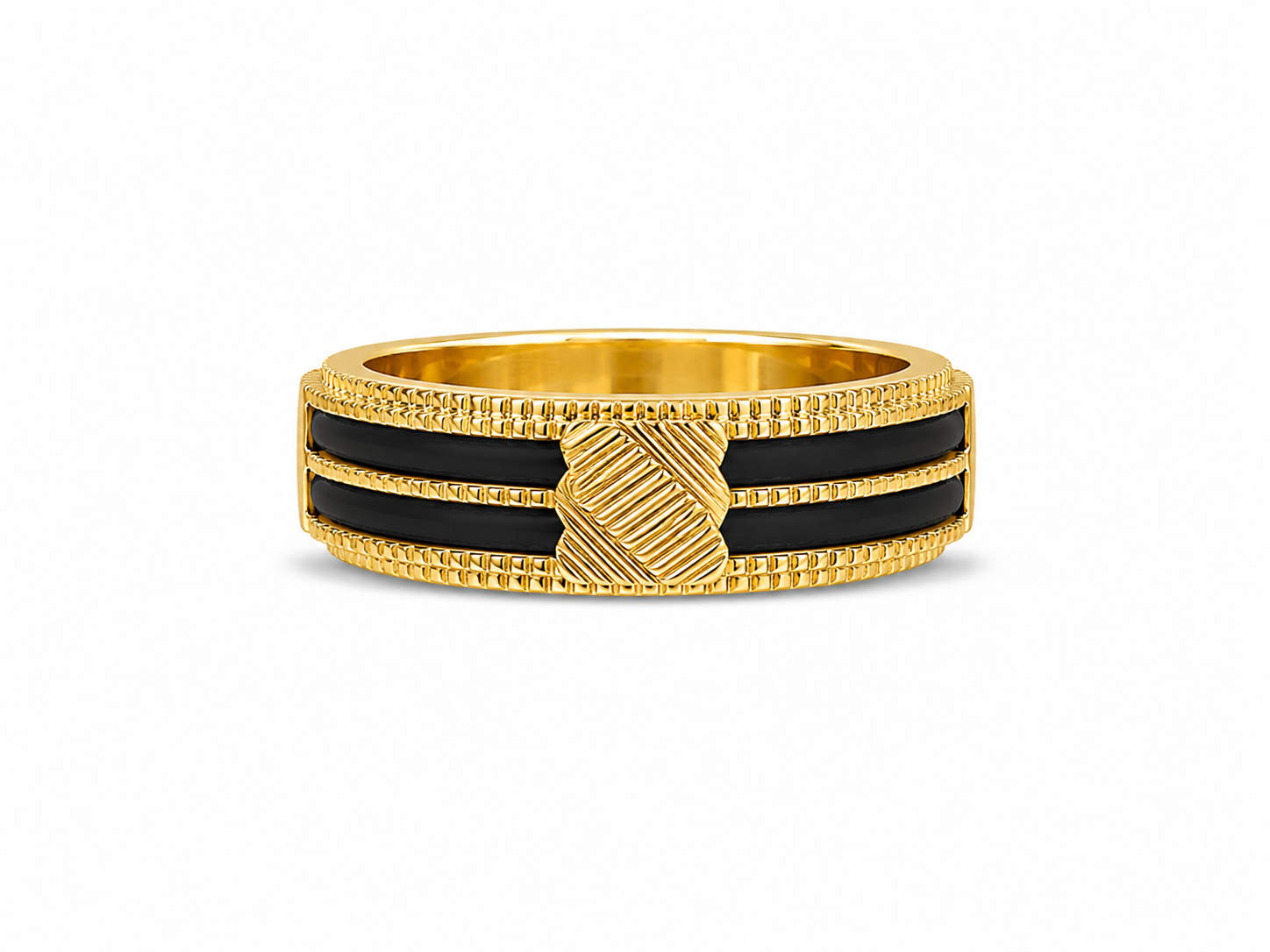 22KT Double Black Stripe Wedding Band Yellow Gold Ring [A5B0]