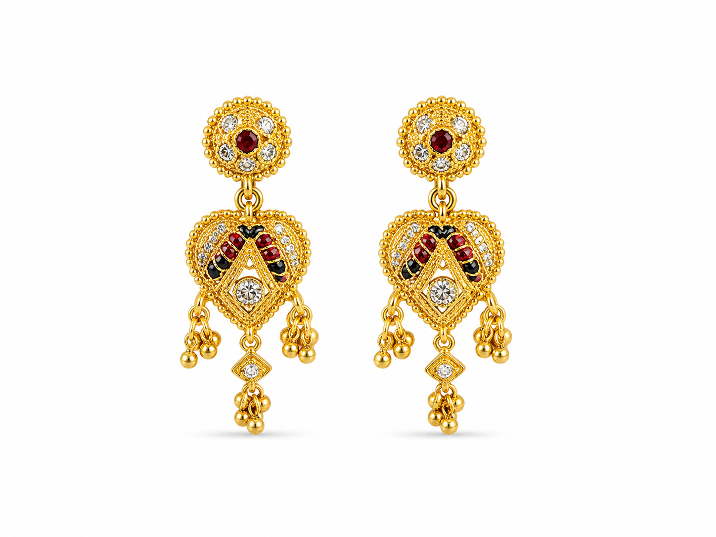 22KT Heart Bead Tassel Cubic Zirconium Yellow Gold Earrings [A6B0]