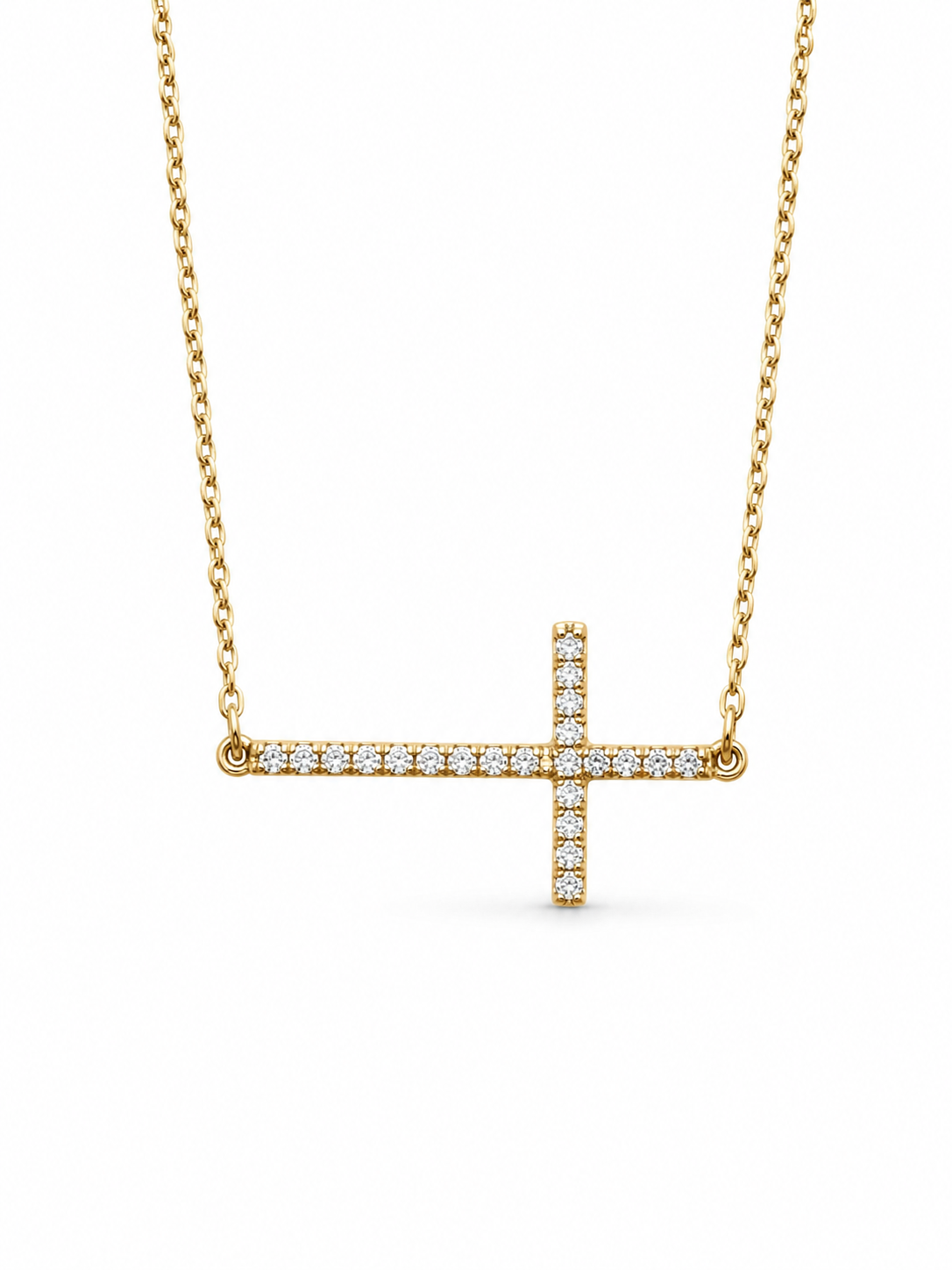 Sterling Silver 925 Yellow Horizontal Cubic Zirconium Cross Necklace