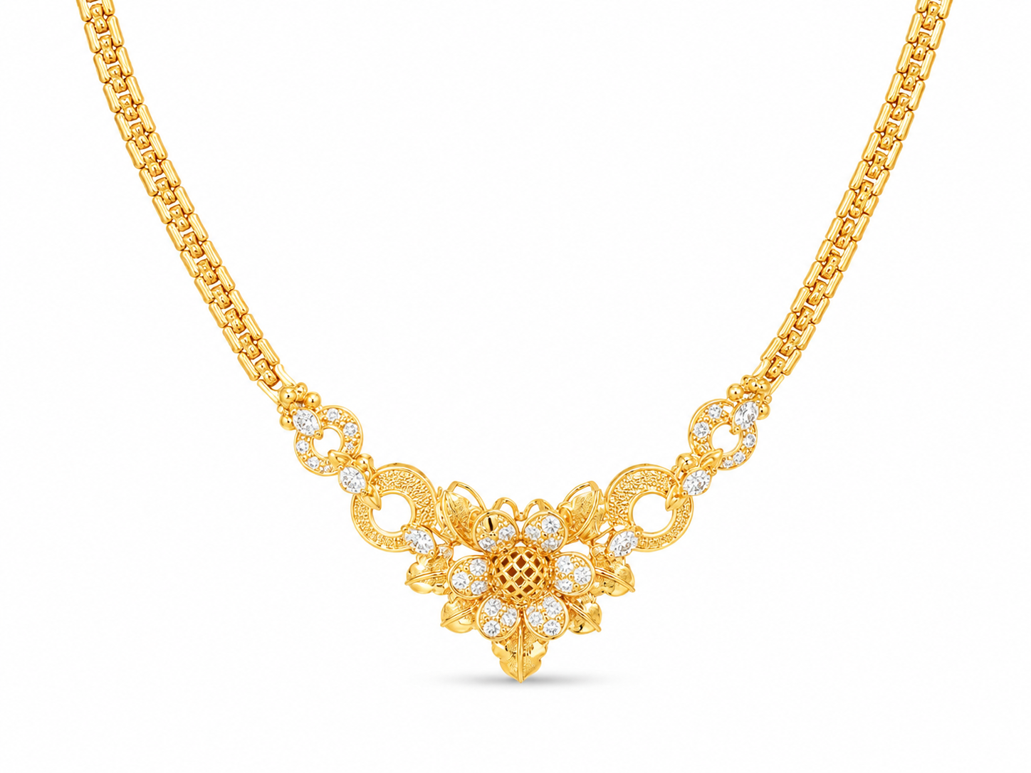 21KT Yellow Gold Floral Design Cubic Zirconium Necklace