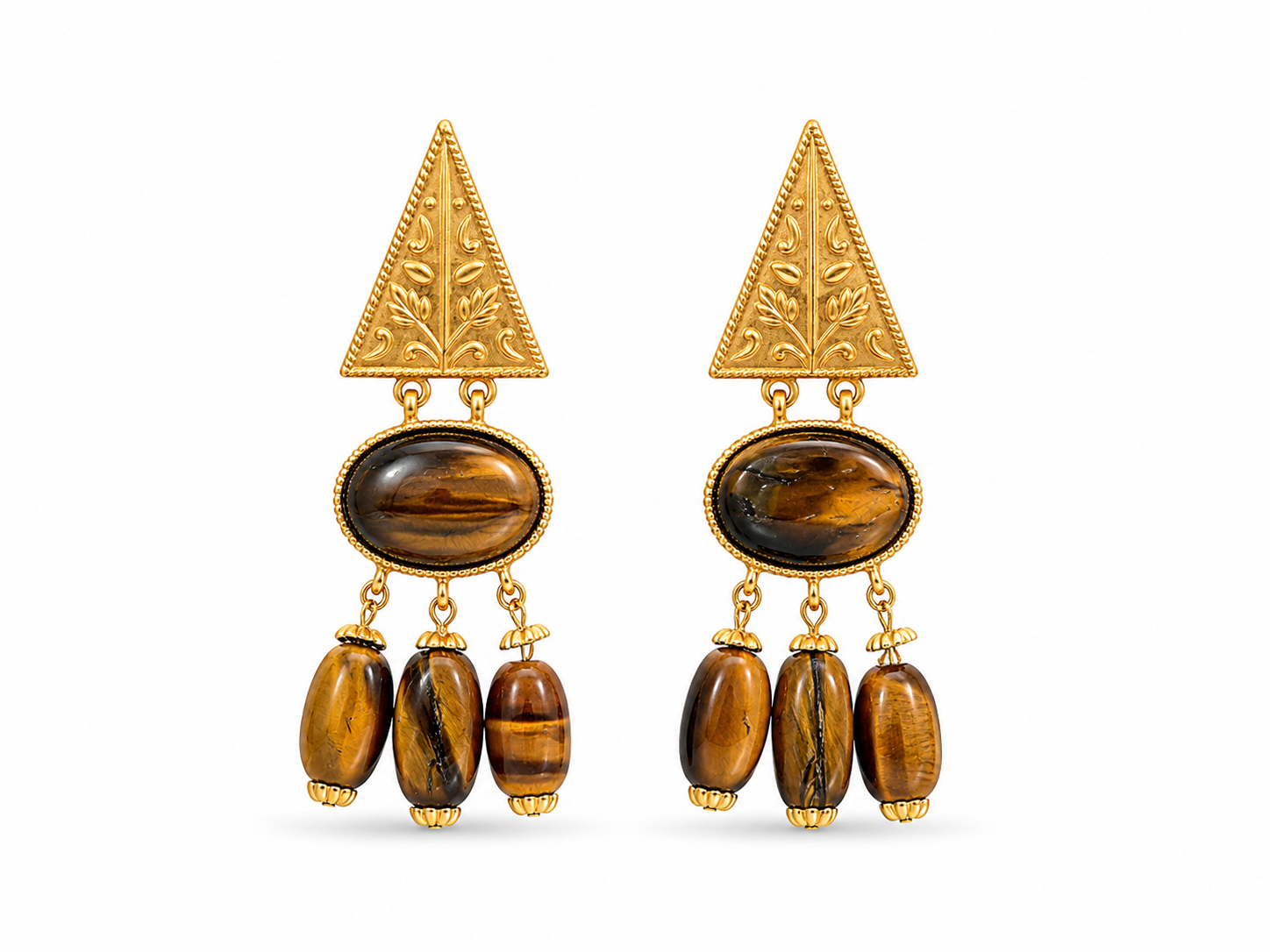 22KT Yellow Gold Brown Gemstone Triangle Top Earrings and Pendant Set [A17B6]