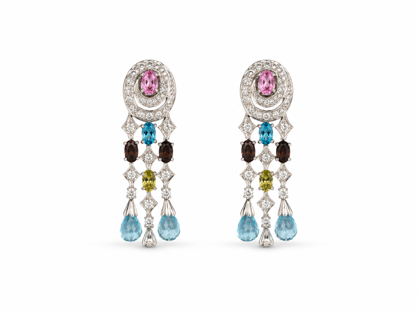 21KT White Gold Cubic Zirconium Gemstone Chandelier Pendant and Earrings Set [A32B9]